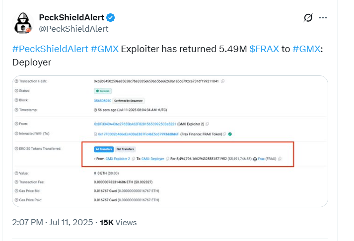 Hacker Returned The $42 Million Stolen Funds to GMX